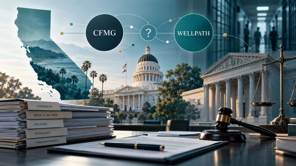 Editorial illustration: CFMG and Wellpath linked by a question mark above the Capitol and a courthouse