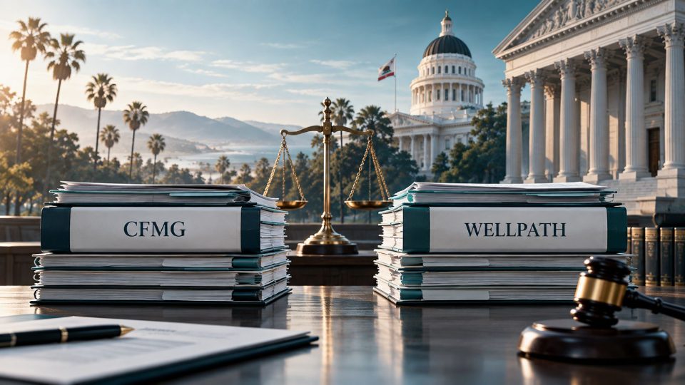 Editorial illustration: binders labelled CFMG and Wellpath on a balance beside a gavel, with the California Capitol behind