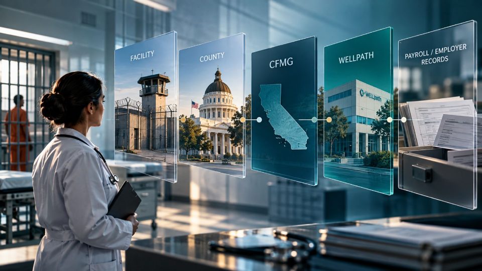 Editorial illustration: a clinician walking past layered glass panels in a public building