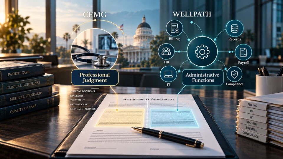 Editorial illustration: A management agreement split between CFMG professional judgment and Wellpath administrative functions