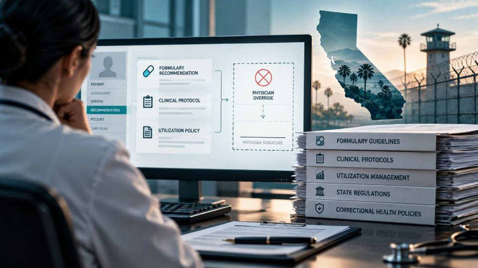 Editorial illustration: A physician at a screen showing a formulary recommendation, clinical protocol and utilization policy leading to a physician-override box