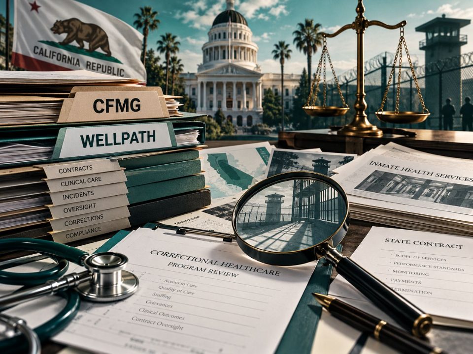 Editorial illustration: CFMG and Wellpath binders beside a correctional health-care program review and a state contract