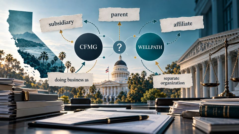 Editorial illustration: the words parent, subsidiary and affiliate floating around the names CFMG and Wellpath, with the Capitol behind