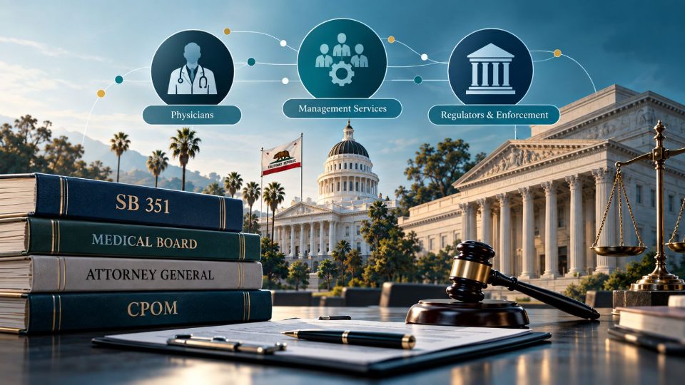 Editorial illustration: Volumes labelled SB 351, Medical Board, Attorney General and CPOM beneath icons for physicians, management services and regulators