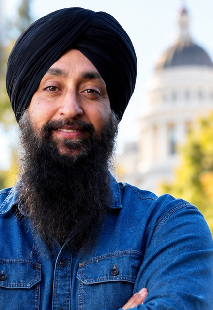 Naindeep Singh, a Sikh man with a black turban and full beard, wearing a denim shirt.