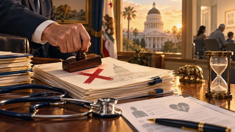 Editorial illustration: A hand presses a red cross stamp onto a stack of bill papers, with a stethoscope and the California Capitol beyond the window