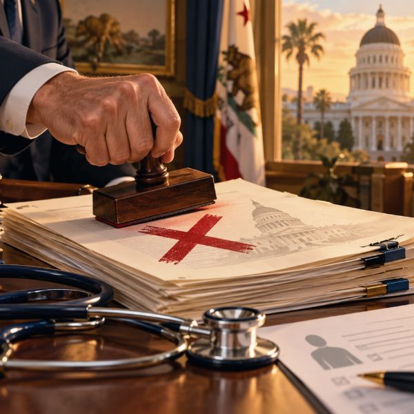 Editorial illustration: A desk with a stamped, crossed-out bill before the California Capitol