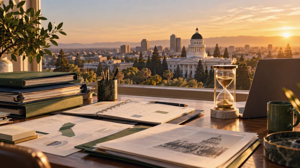 A desk with binders, a calendar and an hourglass, looking out over Sacramento and the California Capitol at golden hour
