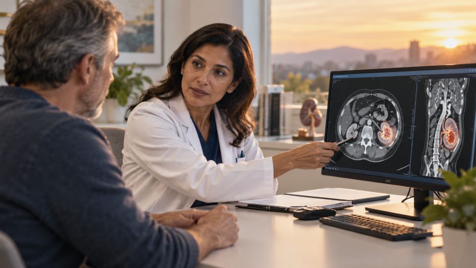 Editorial illustration: An oncologist points to a kidney tumour on a CT scan while talking with a patient