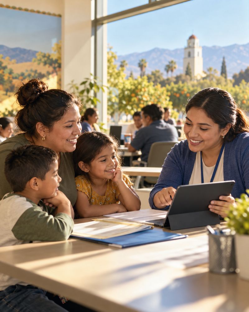 Editorial illustration: A coverage worker helps a mother and two children review Medi-Cal renewal paperwork on a tablet