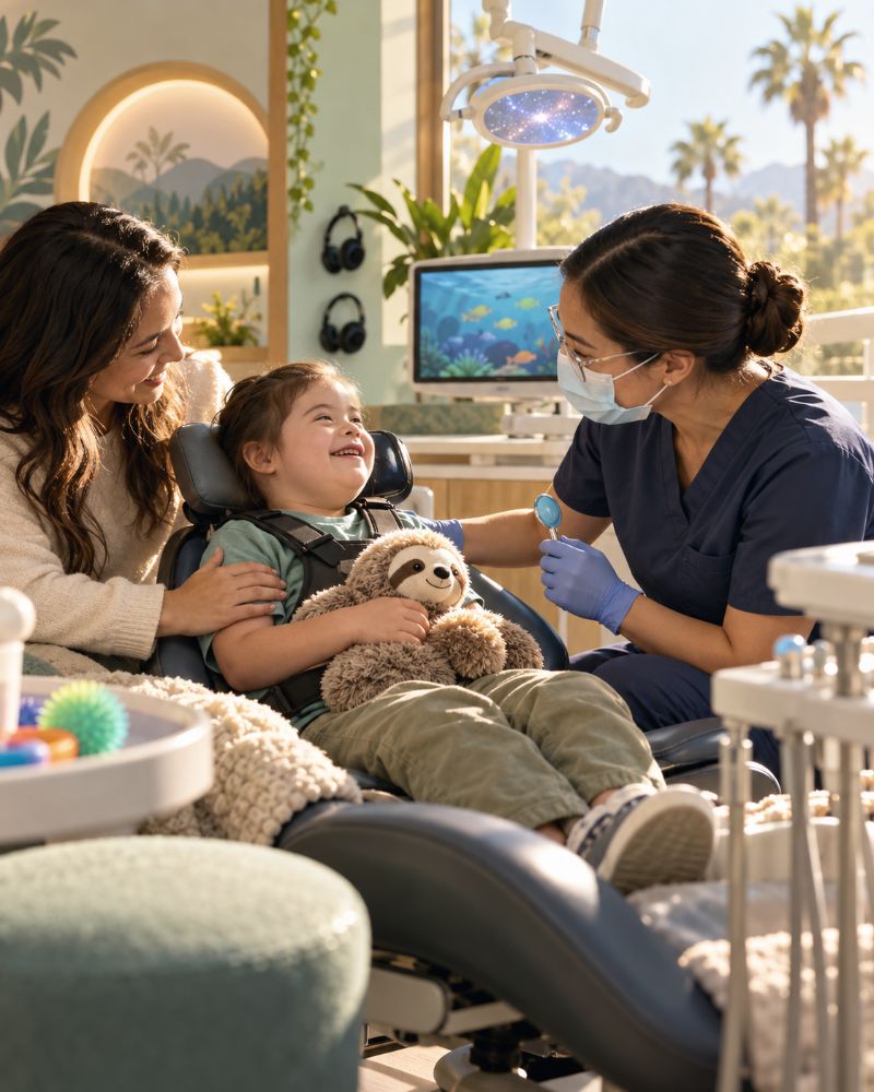 Editorial illustration: A smiling child with Down syndrome holds a plush toy in a sensory-friendly dental chair beside a parent and hygienist