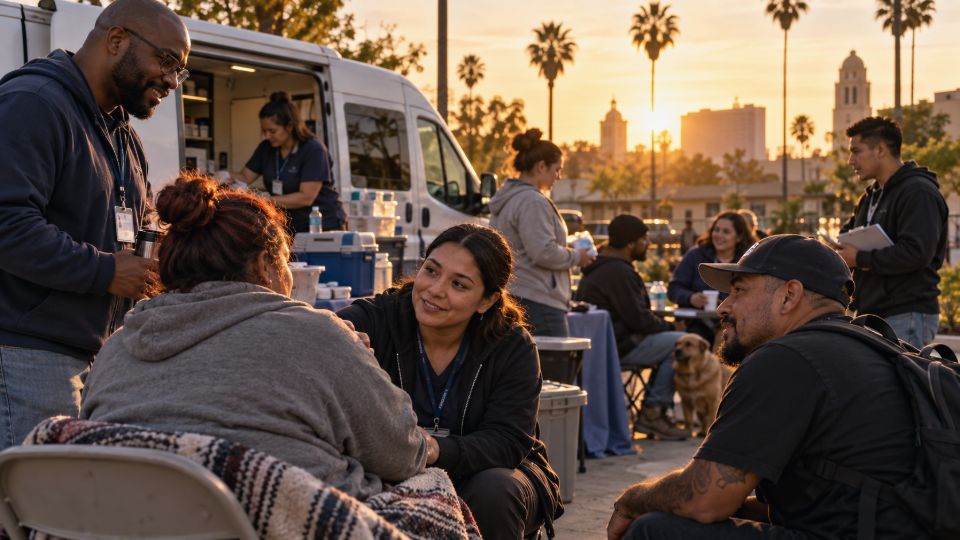 Editorial illustration: Outreach workers from a mobile behavioral-health team talk with people outside a community centre at sunset
