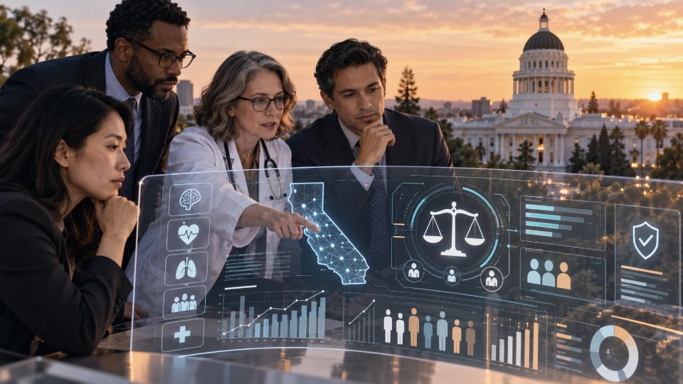 Editorial illustration: A policy analyst looks toward the California Capitol beside a laptop showing health-data visualisations, scales and an hourglass