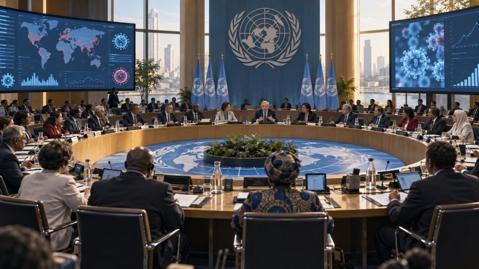 Editorial illustration: Delegates seated around a circular conference table beneath the United Nations emblem, with outbreak maps on screens