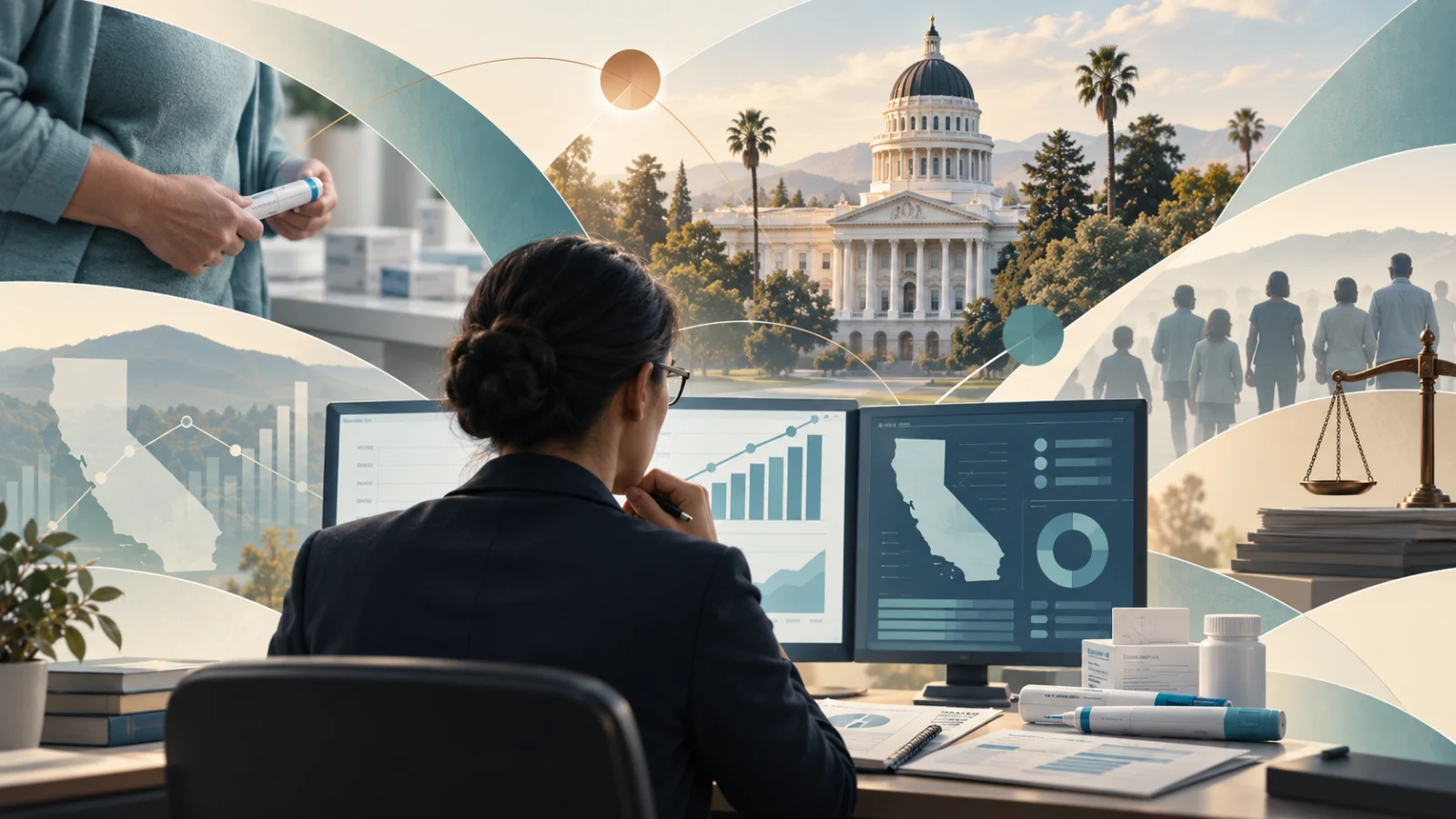 Representative illustration: an analyst reviewing California pharmacy-spending charts and a state map, with GLP-1 injection pens and a pharmacy counter alongside and the State Capitol behind.