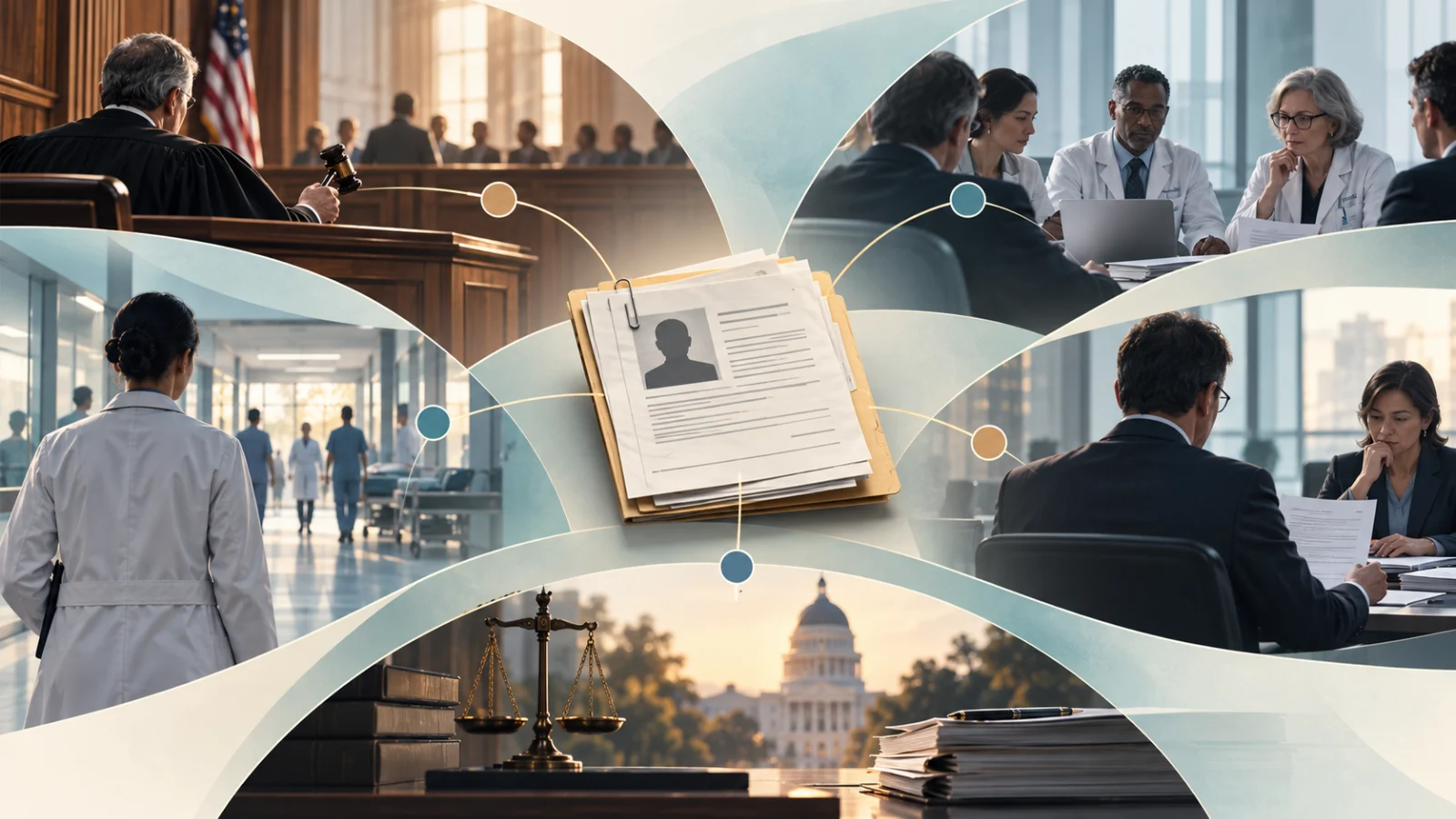 Representative illustration: California physician licensing records, a Medical Board panel and a licence file, with car keys and a glass on a night street at the edge of the frame. No real physician, matter or proceeding is depicted.
