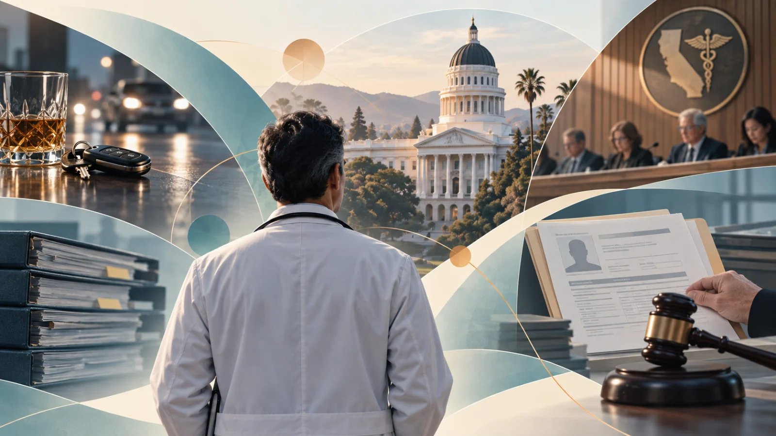 Representative illustration: the California State Capitol with a bill-lifecycle diagram on a tablet, tabbed policy binders and the state flag. No real proceeding is depicted.