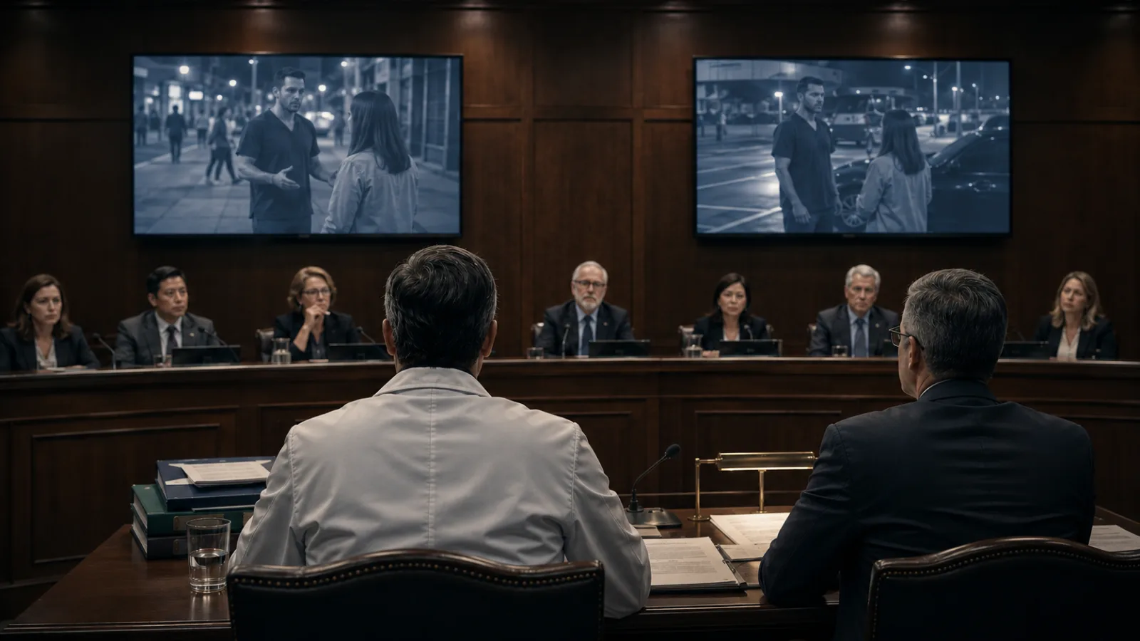 Representative illustration: a physician and counsel before a hearing panel, two screens showing a short clip beside a longer recording. The people, institution and proceeding shown are not real.