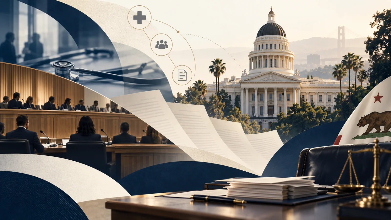 Representative illustration: a committee hearing room beside a state capitol, with pages of a measure lifting away from the dais and a small chain of icons for people, documents and care. No real people, institutions or events are depicted.
