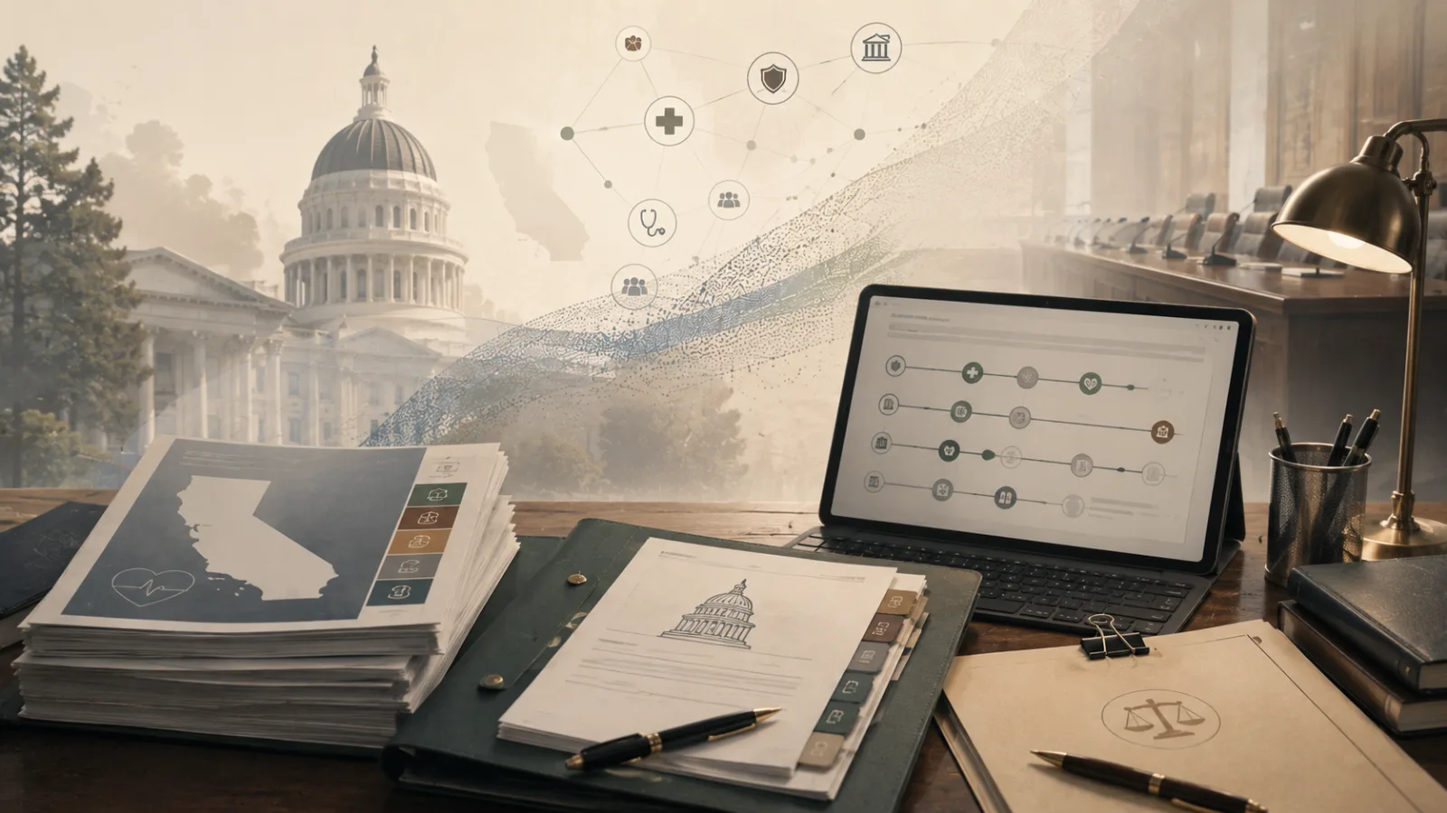 Representative illustration: a figure standing where lit paths lead to a courthouse, a hearing room, a hospital corridor, a corporate tower and a records vault. No real institution is depicted.