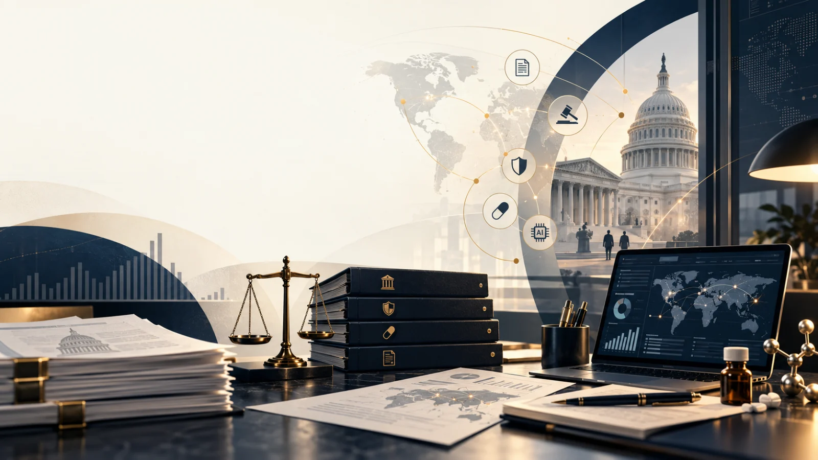 Representative illustration: a desk holding a set of brass scales, bound volumes of statute and regulation, and a screen of charts, with a legislature visible through the window behind. No real people, institutions or events are depicted.