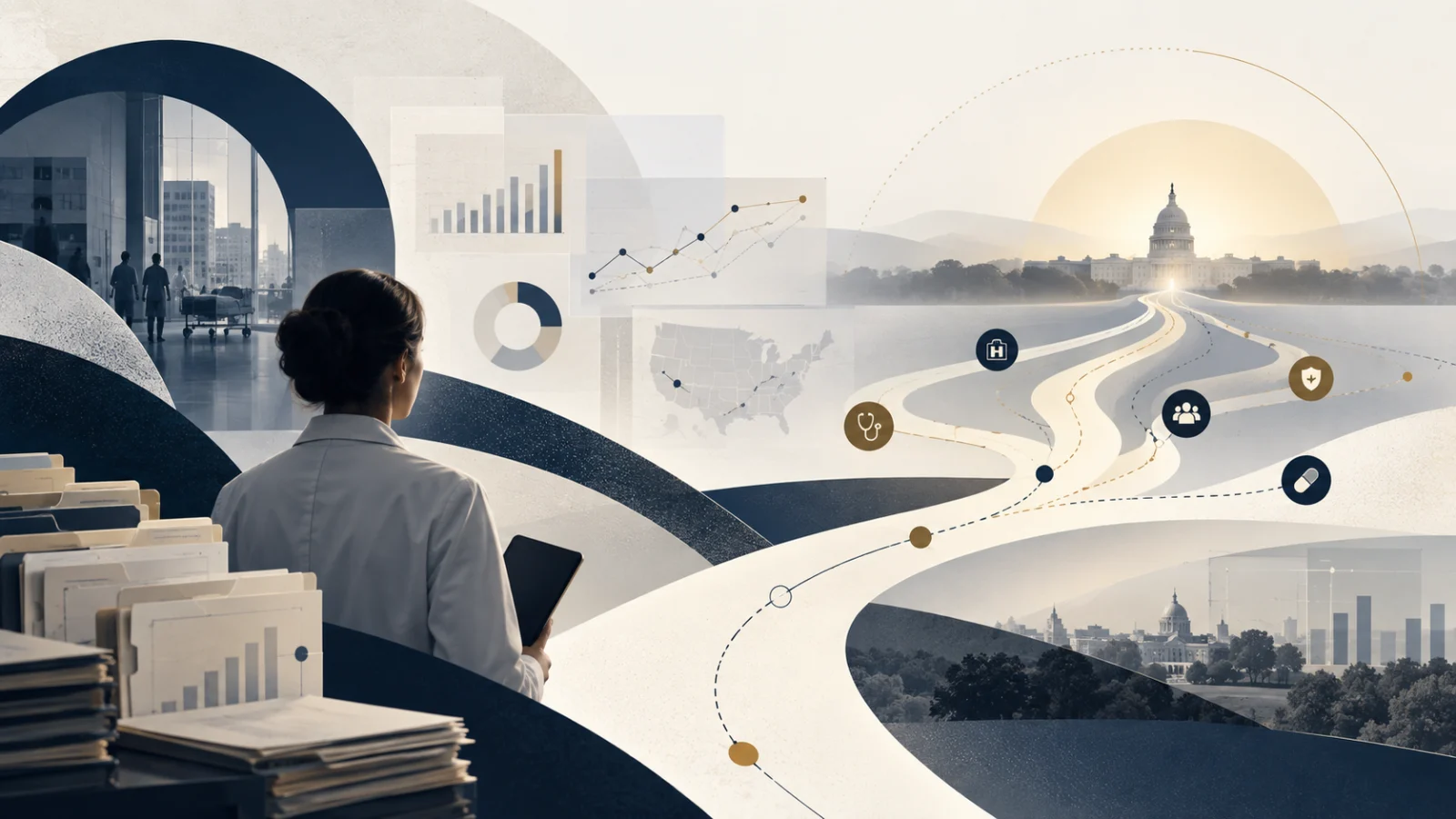 Representative illustration: a clinician holding a tablet beside an open bank of case files, looking out over a lit route marked with stages for care, coverage and oversight. No real people, institutions or events are depicted.