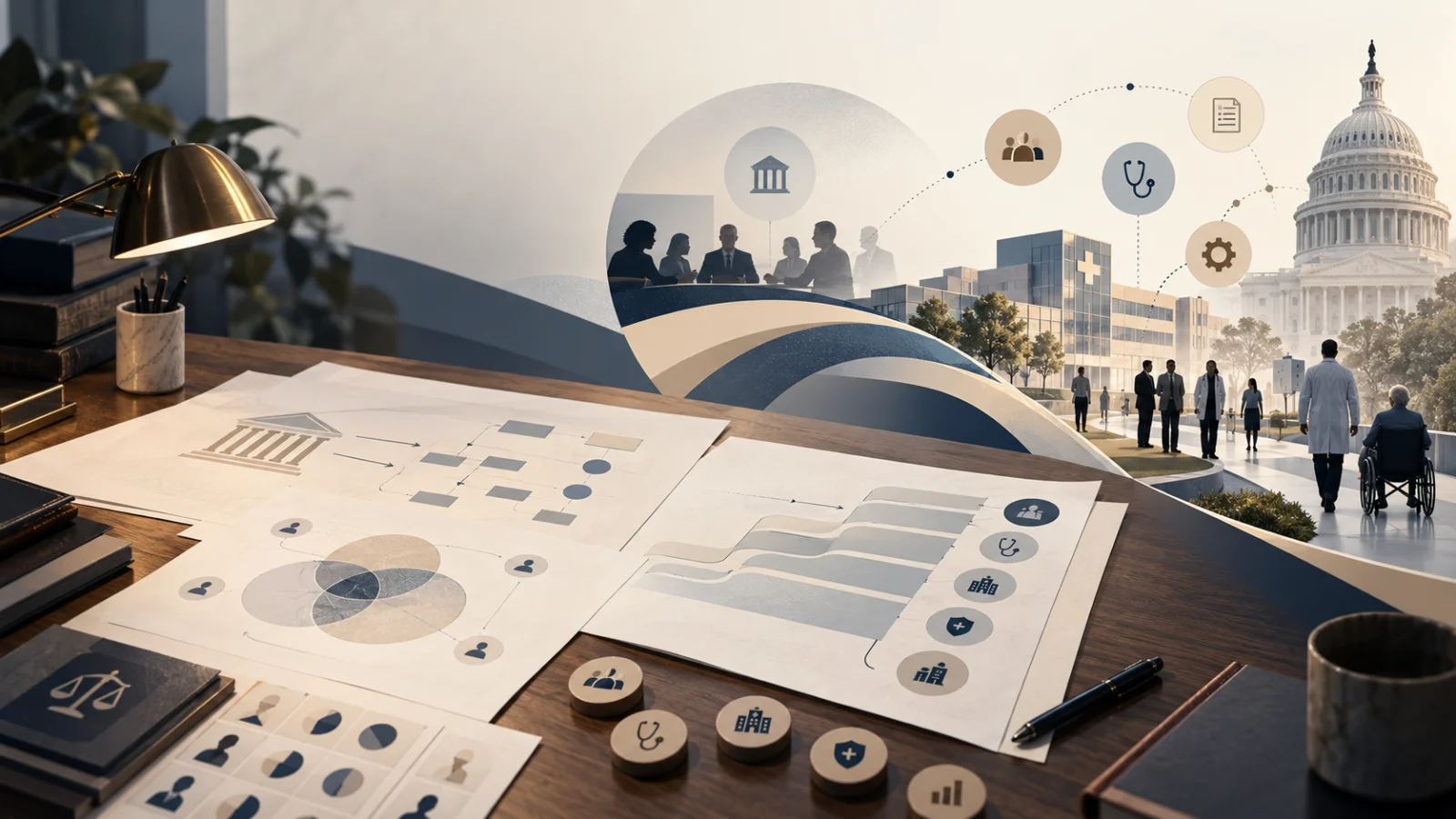 Representative illustration: a working desk of method diagrams and flow charts, with silhouetted figures at a table and a hospital and legislature rendered beyond them. No real people, institutions or events are depicted.