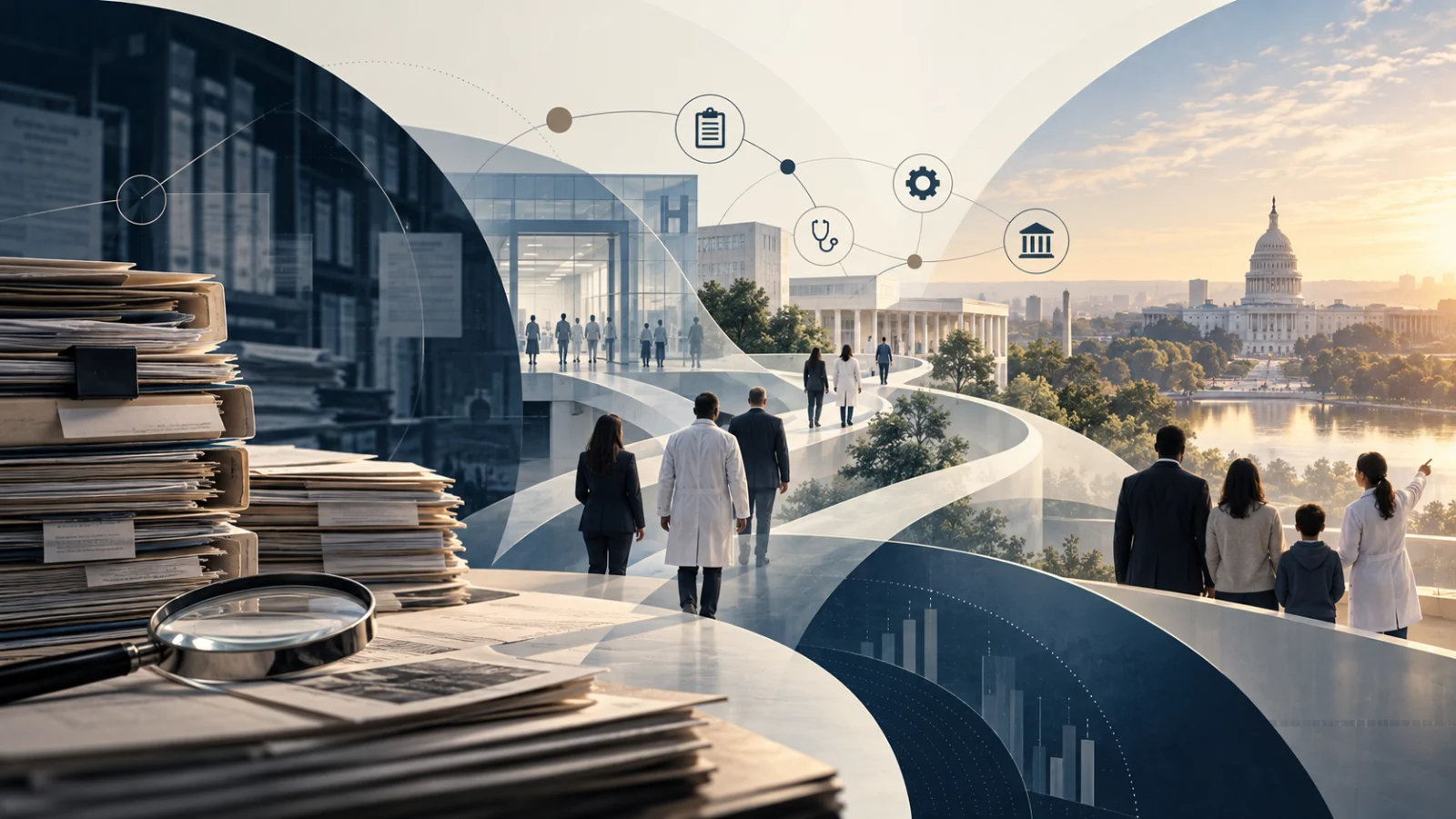 Representative illustration: archival files at left giving way to lit paths that carry clinicians and officials forward toward a legislature, with linked icons for the record, the rule and the institution above them. No real people, institutions or events are depicted.