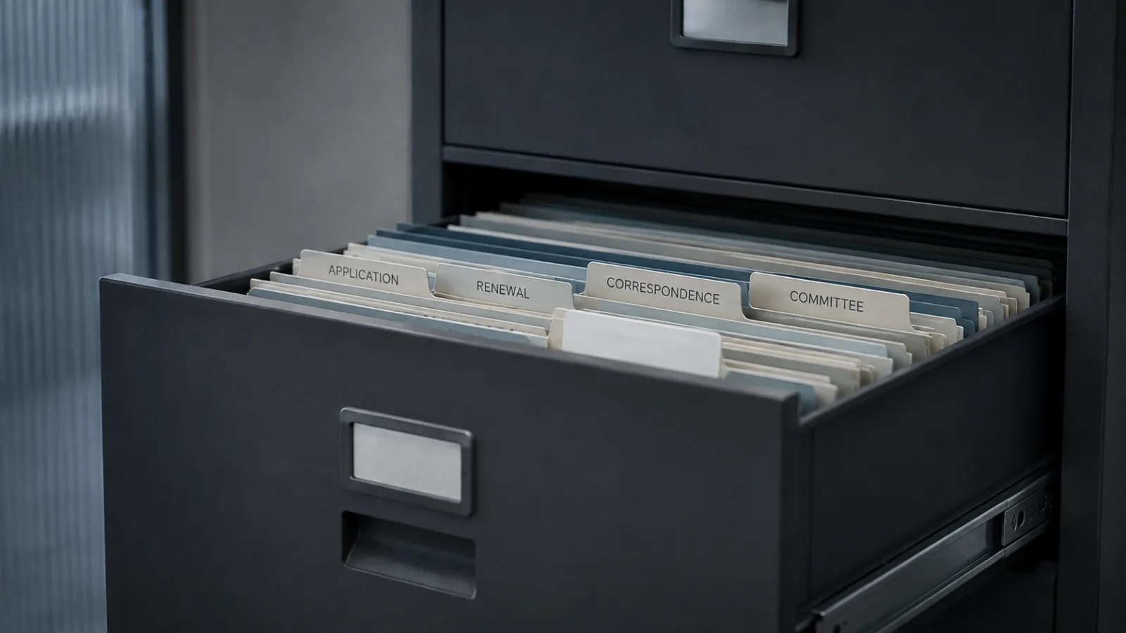 Representative illustration: a credentialing file drawer of practitioner folders.