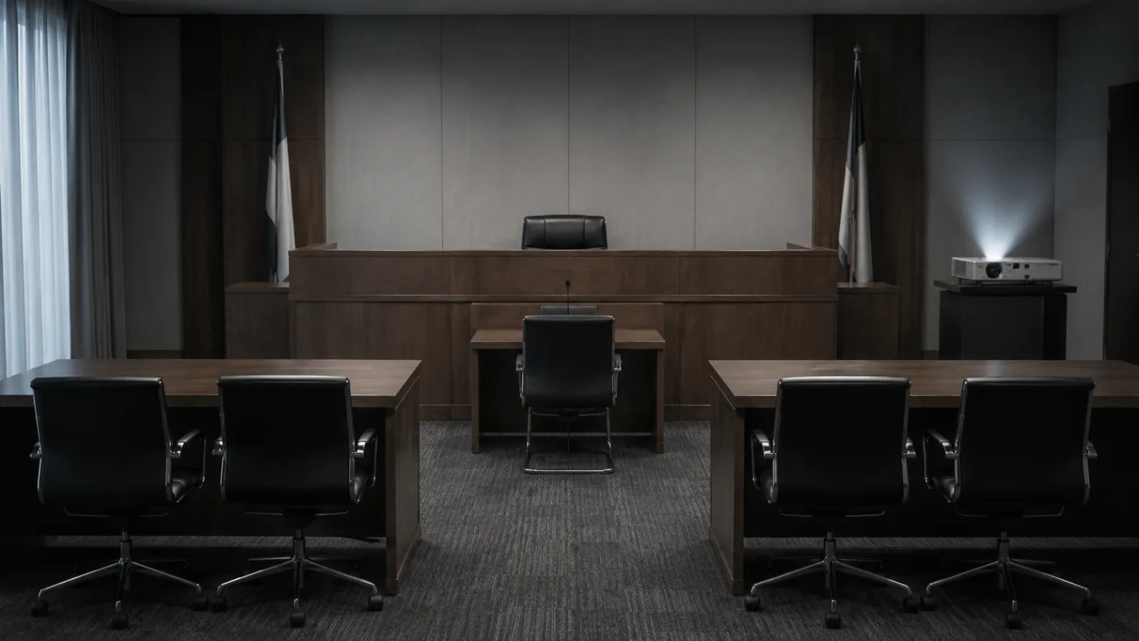 Representative illustration: an empty administrative hearing room after a matter has been heard and before it is decided.
