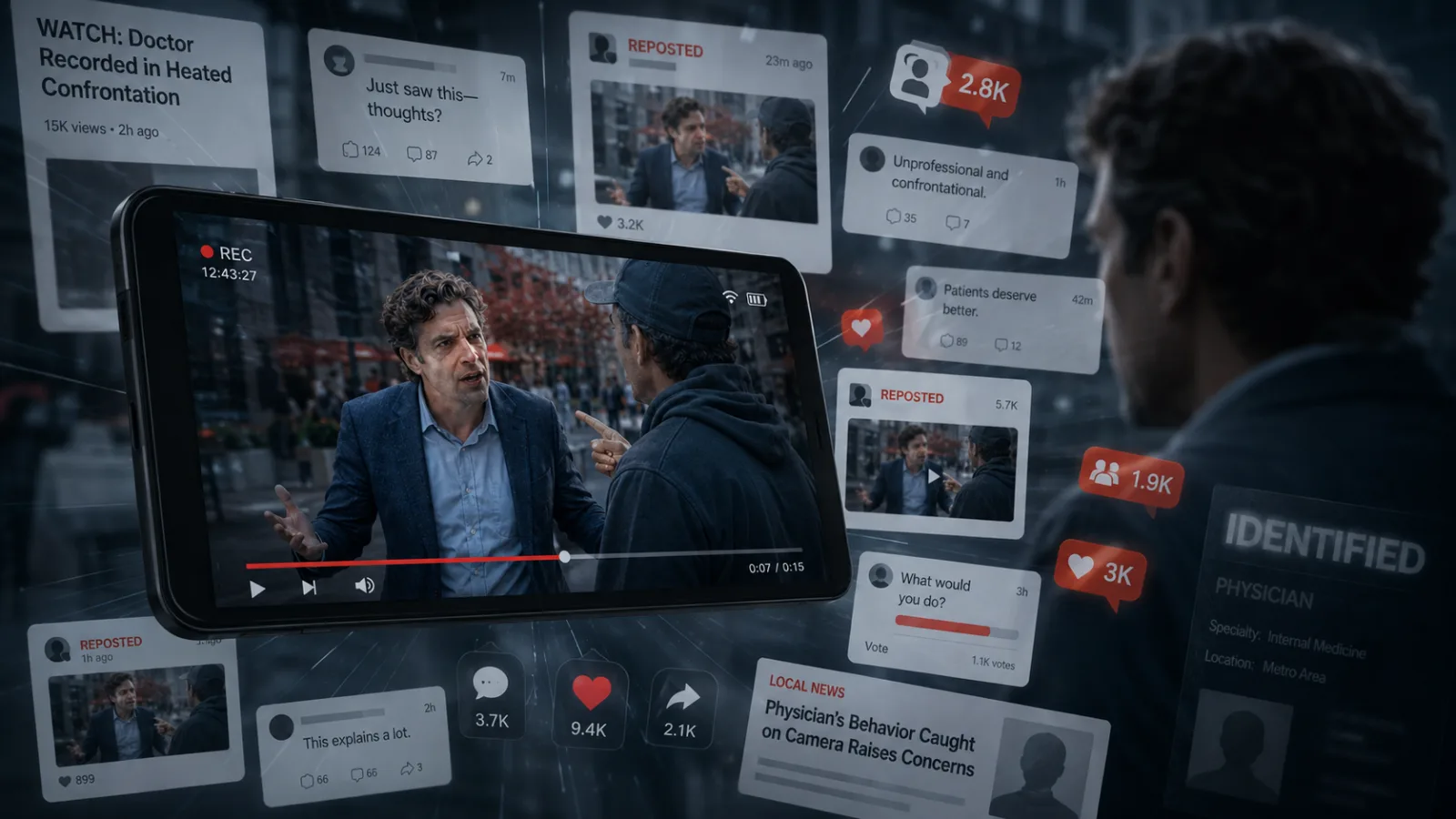 Representative illustration of fictional hospital leadership reviewing a clip on a tablet beside a document headed proposed action, visiting privileges under review. The people, institution and documents shown are not real.