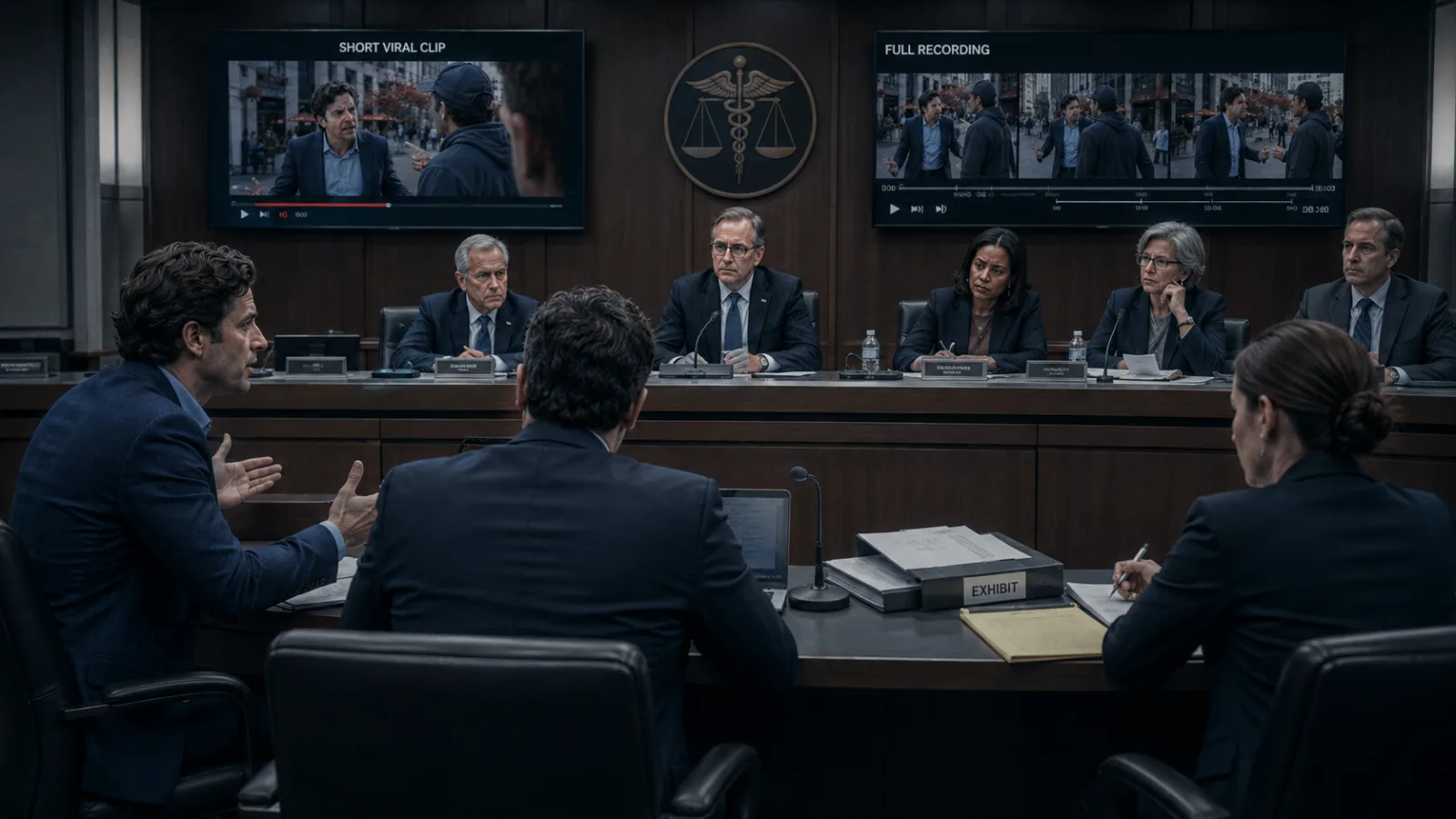 Representative illustration of a fictional off-duty street disagreement seen through the recording view of consumer smart glasses, with a recording indicator and timecode overlaid. The people shown are not real and no real incident is depicted.