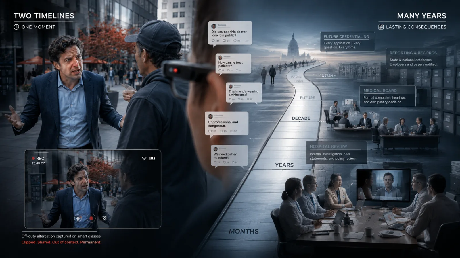 Representative illustration contrasting two timelines: a few minutes of a fictional off-duty encounter on one side, and months, years and a decade of hospital review, board process, reporting and future credentialing on the other.
