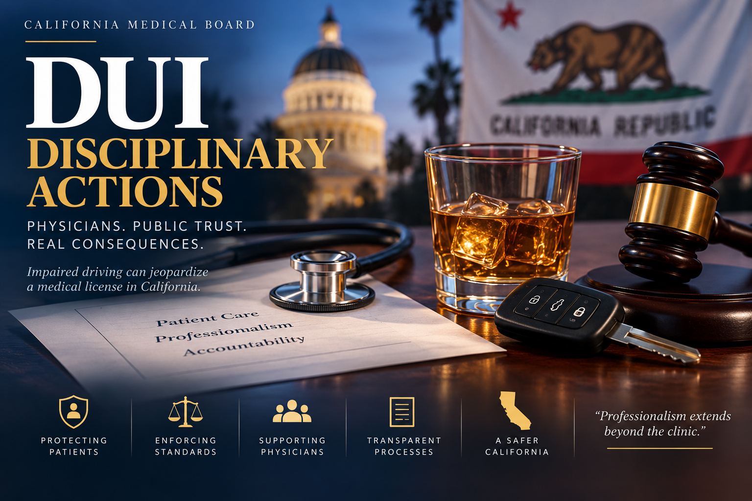 Illustrated banner: DUI Disciplinary Actions, California Medical Board — physicians, public trust, real consequences.